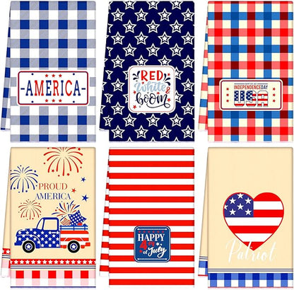 Zubebe 6 Pieces 4th of July Kitchen Dish Towel American Flag 18 x 28 Inch Hand Towel Patriotic Star Stripe Decorative Dishcloth White Blue Red Dish Towels for Memorial Independence Day