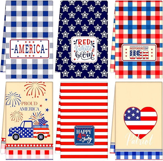 Zubebe 6 Pieces 4th of July Kitchen Dish Towel American Flag 18 x 28 Inch Hand Towel Patriotic Star Stripe Decorative Dishcloth White Blue Red Dish Towels for Memorial Independence Day