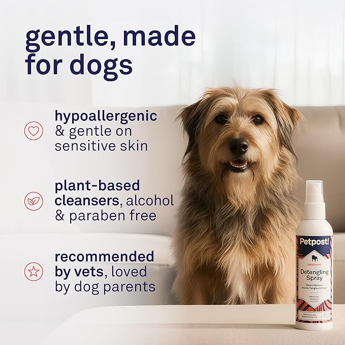 Petpost | Detangling Spray for Dogs with Knots, Mats & Tangles - Naturally Rejuvenating Dog Hair Detangler for Healthier, Shinier, Stronger Fur - Oatmeal, Aloe, and Vitamin E Formula 8 oz.