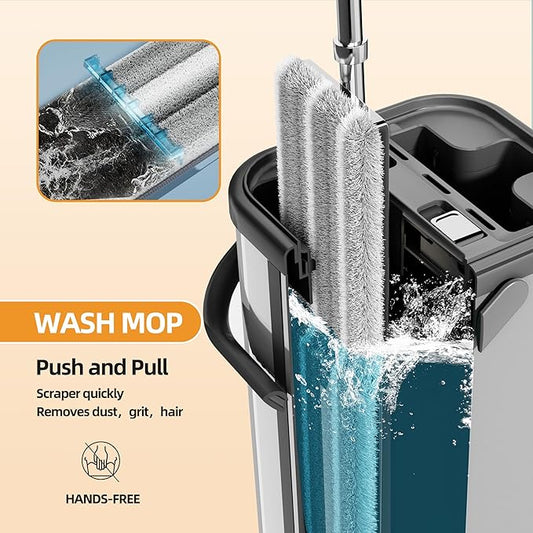 Premium Stainless Steel Microfiber Flat Mop for Floor Cleaning - 360° Pivot Head, Lightweight, Washable Pads - Includes 4 Reusable Absorbent Mop Pads (Silver)