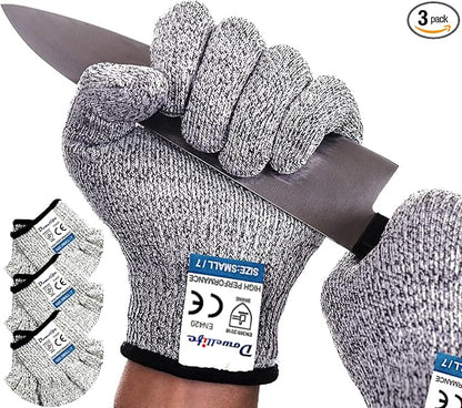 Dowellife Cut Resistant Gloves Food Grade Level 5 Protection, Safety Kitchen Cuts Gloves for Oyster Shucking, Fish Fillet Processing, Mandolin Slicing, Meat Cutting and Wood Carving. (Large-3 Pairs)