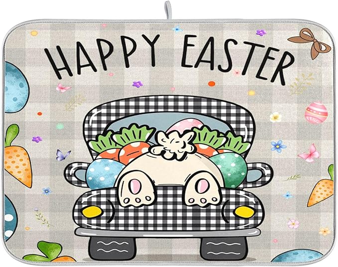Easter Eggs Bunny Rabbit Dish Drying Mat Quick Absorbent 16x18 Easter Day Black White Buffalo Plaid Kitchen Drying Mat for Countertop Sink Reusable Dishes Mats Kitchen Essentials
