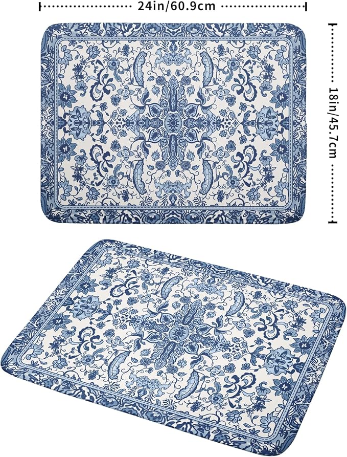 Chinoiserie Floral Dish Drying Mat for Kitchen Counter Blue and White Flowers Pattern Dish Drying Pad 18”x24”Absorbent Reversible Seasonal Decor Dishes Drainer Pad Dish Dry Rack Mat for Counter top