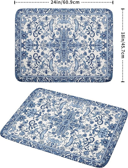 Chinoiserie Floral Dish Drying Mat for Kitchen Counter Blue and White Flowers Pattern Dish Drying Pad 18”x24”Absorbent Reversible Seasonal Decor Dishes Drainer Pad Dish Dry Rack Mat for Counter top