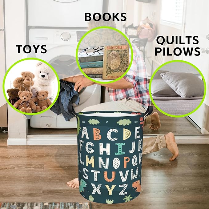 Laundry Basket Funny Alphabet with Cute Dinosaurs Laundry Basket Oxford Cloth Laundry Hamper Large Storage Baskets Toy Organizer Tote Bag For Bedroom Clothes Bathroom 17.3(H) x16.5(D) Inch