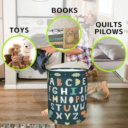 Laundry Basket Funny Alphabet with Cute Dinosaurs Laundry Basket Oxford Cloth Laundry Hamper Large Storage Baskets Toy Organizer Tote Bag For Bedroom Clothes Bathroom 17.3(H) x16.5(D) Inch