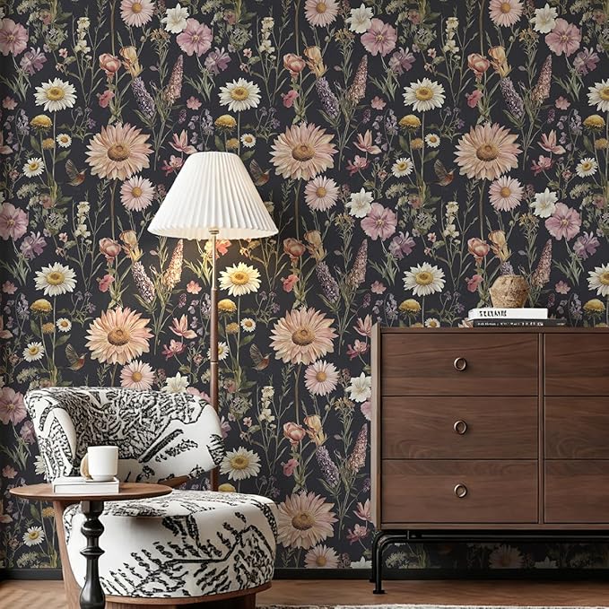 Livebor Dark Floral Peel and Stick Wallpaper Vintage Floral Contact Paper 16.9” x 196.8” Bird Flower Wallpaper Peel and Stick Boho Flower Self Adhesive Removable Wall Paper Decor for Cabinets Vinyl