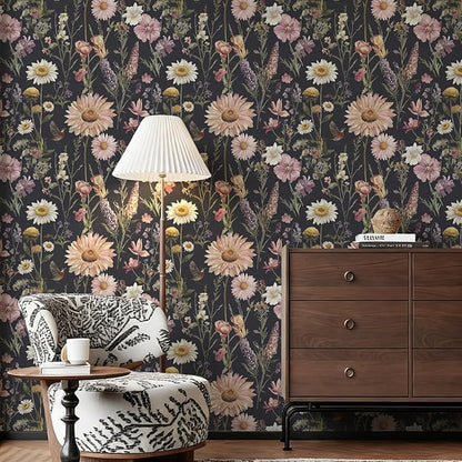 Livebor Dark Floral Peel and Stick Wallpaper Vintage Floral Contact Paper 16.9” x 118.1” Bird Flower Wallpaper Peel and Stick Boho Flower Self Adhesive Removable Wall Paper Decor for Cabinets Vinyl