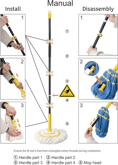 Self-Wringing Twist Mops for Floor Cleaning, Microfiber Floor mop with 57 " Long Handle, Easy Wringing Mop for Hardwood Commercial Household Clean
