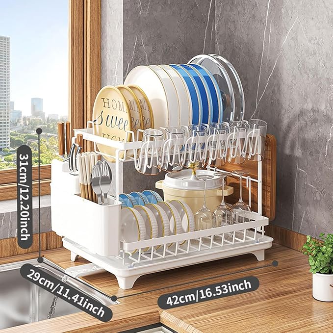 Kitchen Dish Drying Rack,2 Tier Dish Drying Rack with Draining Board, Kitchen Countertop Organizer, Multi-Use Utensil Organizer and Cup Holder, White