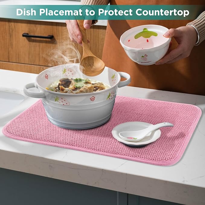 GeeRic Microfiber Dish Drying Mat, Super Absorbent Kitchen Dish Drying Pad for Mother's Day, Reversible Gift Mats for Countertop, 15 * 20 inch Pink