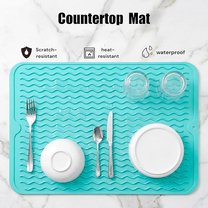 MicoYang Silicone Dish Drying Mat for Multiple Usage,Easy clean,Eco-friendly,Heat-resistant Silicone Mat for Kitchen Counter or Sink,Refrigerator or drawer liner Mint L 16 inches x 12 inches