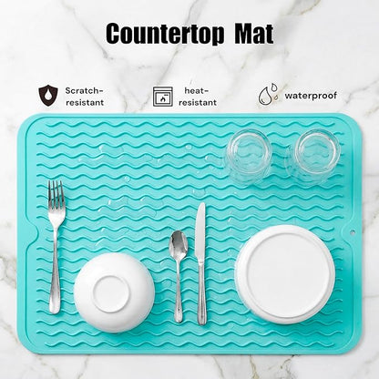 MicoYang Silicone Dish Drying Mat for Multiple Usage,Easy clean,Eco-friendly,Heat-resistant Silicone Mat for Kitchen Counter or Sink,Refrigerator or drawer liner Mint L 16 inches x 12 inches