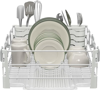 Simple Houseware White Dish Drying Rack with Drainboard, Utensil Holder & Mug Hooks – Metal Kitchen Counter Organizer