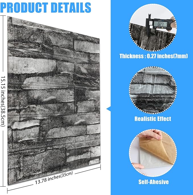 30 Pack 3D Wall Panels Peel and Stick, Waterproof Foam Stone 3D Wallpaper, Self Adhesive Foam Wallpaper for Bedroom Bathroom Kitchen (13.7 * 15.1in)