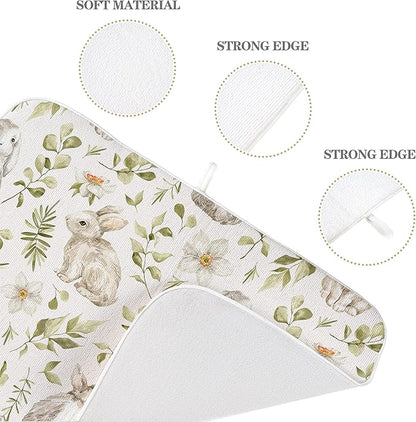 Spring Dish Drying Mat 18x24 Inches For Kitchen Counter Absorbent Easter Green Rabbit Floral Kitchen Decoration Bunny Flower Drying Mat Pad For Home Kitchen,Dining Room,Office Decor
