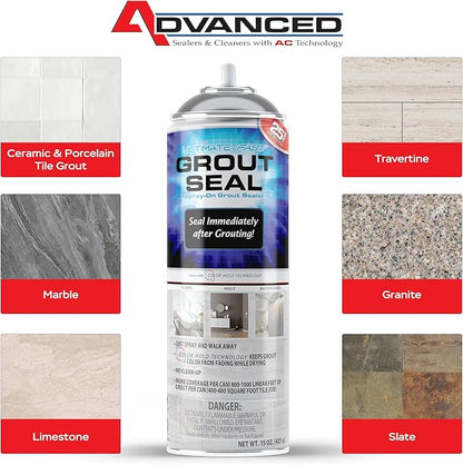 ADVANCED Sealers & Cleaners Ultimate Fast Grout Seal 15 Ounce – Aerosol Spray-On Instant Grout Sealer with Color Hold Technology – 800-1000 Linear Feet Per Can – 25 Year Protection - Made in America