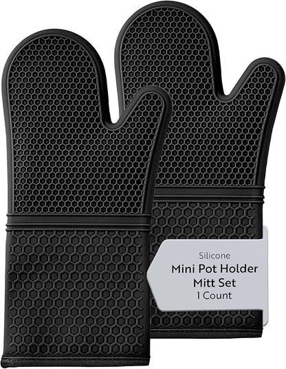 Restaurantware 2-Piece Silicone Oven Mitts Set 1 Case of 13.98 x 7.28 x 1.57 Inches Cotton Lined Heat Resistant Gloves, Slip-Resistant Waterproof Oven Gloves, Black Cooking Mitts for Baking and BBQ