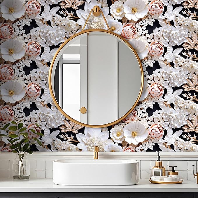 FunStick 17.5"x354" White Faux 3D Floral Peel and Stick Wallpaper Black Pink Embossed Floral Wallpaper for Bathroom Living Room Accent Wall Panels Self Adhesive Contact Paper for Walls Shelves Vinyl