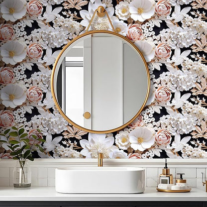 FunStick 17.5"x354" White Faux 3D Floral Peel and Stick Wallpaper Black Pink Embossed Floral Wallpaper for Bathroom Living Room Accent Wall Panels Self Adhesive Contact Paper for Walls Shelves Vinyl