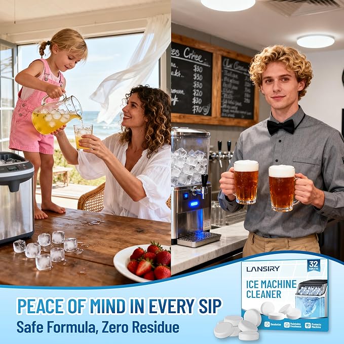 Ice Machine Cleaner Tablets and Descaler, 32 Count Ice Maker Cleaner Tablets for Countertop Portable Ice Makers, Nickel-Safe Removes Scale, Odor & Mineral Buildup for Fresh-Tasting Ice