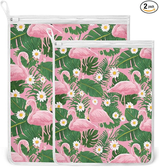 Mesh Laundry Bags Lingerie Bags for Washing Delicates 2 PCS Durable Wash Bag with Zipper Small and Medium Washable Pink Flamingos Palm Leaves and Daisy