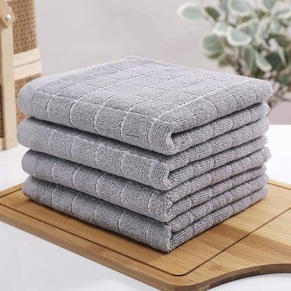 Homaxy 100% Cotton Terry Kitchen Towels(Light Grey, 13 x 28 inches), Checkered Designed, Soft and Super Absorbent Dish Towels, 12 Pack