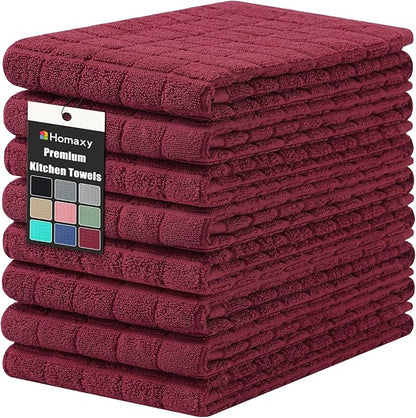 Homaxy Premium Cotton Kitchen Towels 16"x 28", Large Natural Ring Spun 390 GSM Dish Towels, Super Absorbent Terry Kitchen Hand Towels, Soft Tea Towels with Hanging Loop, Pure Red Design, 8 Pack