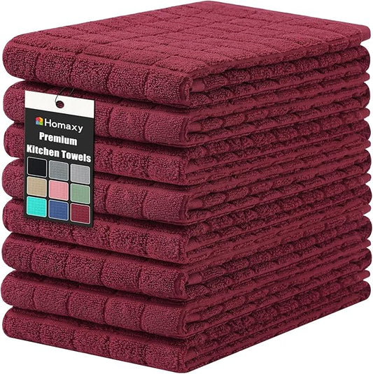 Homaxy Premium Cotton Kitchen Towels 16"x 28", Large Natural Ring Spun 390 GSM Dish Towels, Super Absorbent Terry Kitchen Hand Towels, Soft Tea Towels with Hanging Loop, Pure Red Design, 8 Pack