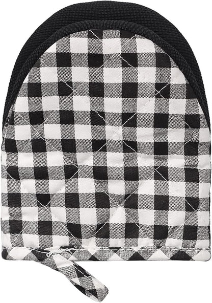 Short Oven Mitts, Heat Resistant 500°F, Silicone Grip Kitchen Gloves, Non-Slip for Baking, Grilling, BBQ, Machine Washable with Hanging Loop, 2-Pack Set, Black and White Plaid