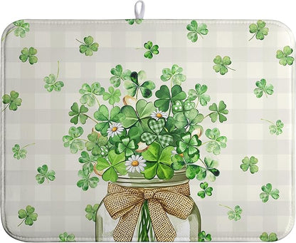 St Patricks Day Shamrock Dish Drying Mat Green Spring Kitchen Dishes Drying Pad Absorbent Dish Dryer Mats for Kitchen Countertops Microfiber Washable Large18x24 in
