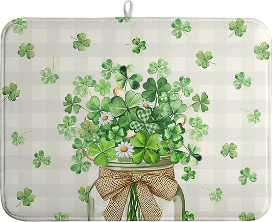 St Patricks Day Shamrock Dish Drying Mat Green Spring Kitchen Dishes Drying Pad Absorbent Dish Dryer Mats for Kitchen Countertops Microfiber Washable Large18x24 in