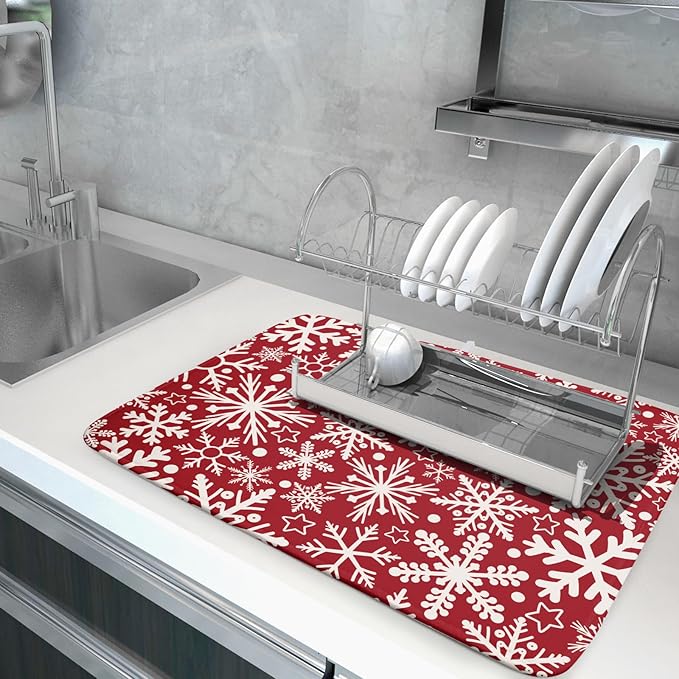 Christmas Dish Drying Mat for Kitchen Counter 18x24 Dark Red Snowflake Winter Xmas Holiday Absorbent Reversible Microfiber Drying Mats Kitchen Countertop Protector Dishes Drainer Pad