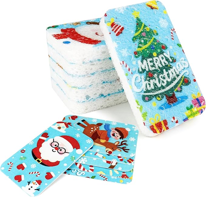 Christmas Theme Kitchen Sponge (12Pack) - Wood Pulp & Coconut Scrubber Sponges, High-Absorption Dishwashing Sponge with Festive Designs, Strong Cleaning for Dishes, Household Cleaning