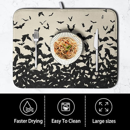 Halloween Bats Halloween Dish Drying Mat for Kitchen Counter 16x18 Inch Microfiber Absorbent Drying Mats Washable Dishes Drainer Mats Reusable Dish Rack Pad for Coffee Bar