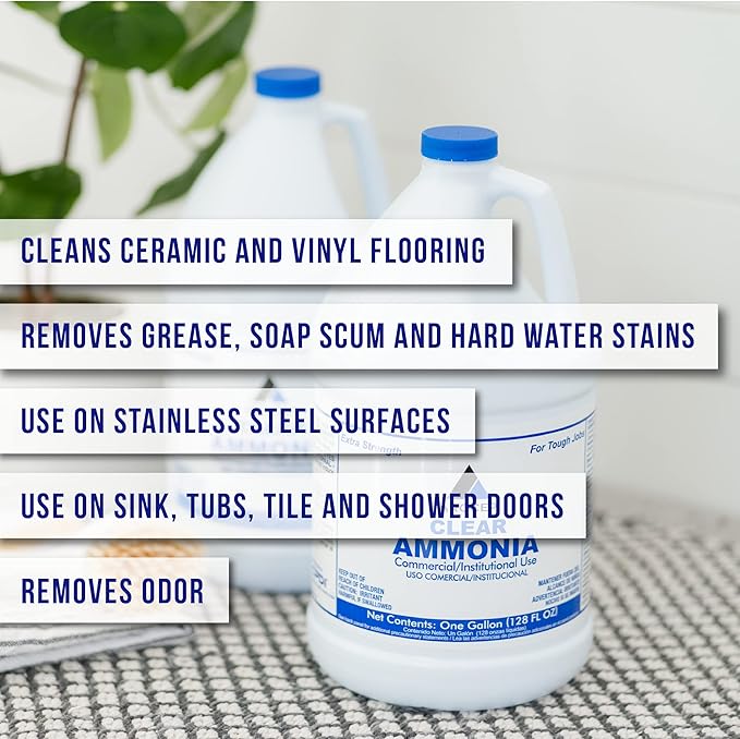 Clear Ammonia Cleaner Liquid, 2 Gallon, Multipurpose, Multi-Surface Cleaning Solution Removes Grease, Hard Water Stains, and Odors, Kitchen and Bathroom Use