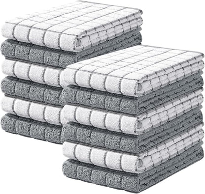 Homaxy Premium Cotton Kitchen Towels 16"x 28", Large Natural Ring Spun 390 GSM Dish Towels, Super Absorbent Terry Kitchen Hand Towels, Soft Tea Towels with Hanging Loop, Grey Check Design, 12 Pack