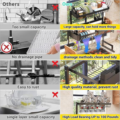 ilvvan Over Sink Dish Drying Rack (Expandable Height/Length) Snap-On Design Large Dish Drainer Storage Counter Organizer 24" - 35.5"(L) x 12"(W) x 19" - 22"(H)