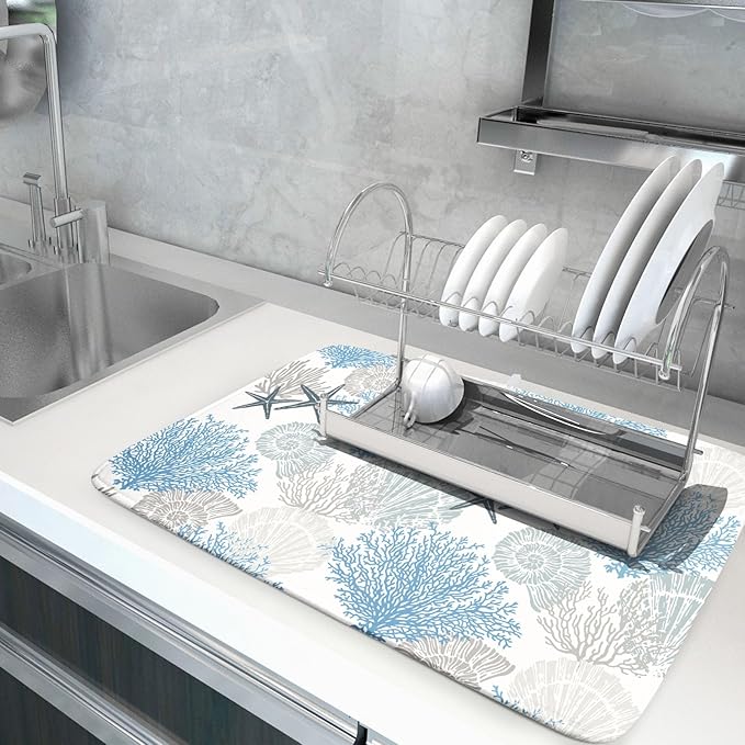 Coastal Blue Gray Dish Drying Pad 18 x 24 Inch With Absorbent Reversible Microfiber Starfish Seashell Coral Nautical Summer Drying Mats Dish Drainer Mat Fast Dry For Kitchen Dining Room Decoration