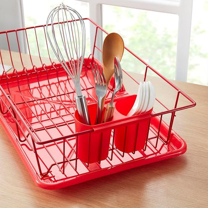 Space-Saving 3-Piece Dish Drainer Rack Set Efficient Kitchen Organizer for Quick Drying and Storage Includes Cutlery Holder and Drainboard Maximize Countertop Space, Bright Red