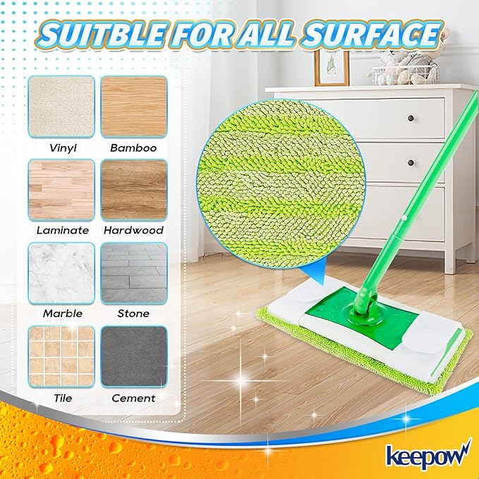 KEEPOW Reusable Mop Pads Compatible with Swiffer Sweeper – Washable Microfiber Floor Cleaning Refills for Wet & Dry Use – 10.6" x 5.1", 4 Pack