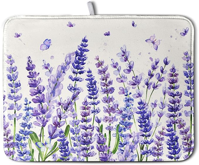 Purple Lavender Dish Drying Mat for Kitchen Counter Spring Summer Flower Floral Dishes Drainer Mats Absorbent Microfiber Dish Drying Pad Washable Dish Draining Mat Extra Large 18x24 Inch