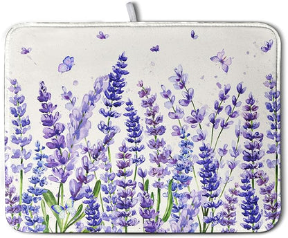 Purple Lavender Dish Drying Mat for Kitchen Counter Spring Summer Flower Floral Dishes Drainer Mats Absorbent Microfiber Dish Drying Pad Washable Dish Draining Mat Extra Large 18x24 Inch
