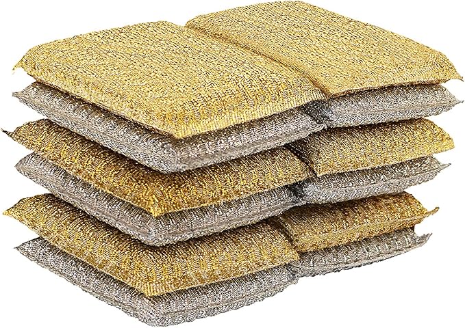 Gold and Silver Kitchen Sponge Scrubber, Heavy Duty Metallic Sink, Pot, Dish Washing Scrubber Non-Scratch, Non-Metal, Kosher Sponge, Pack of 12 (Superio)