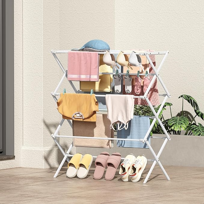 KINGBOARD Clothes Drying Rack, Collapsible Drying Rack Clothing with 11 Poles, 3-Tier Laundry Drying Rack, Small Clothes Drying Rack Foldable for Baby Clothes Sock Towel, 25lb Capacity, White & Grey