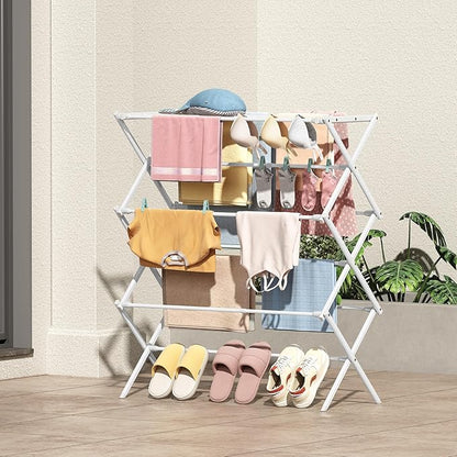 KINGBOARD Clothes Drying Rack, Collapsible Drying Rack Clothing with 11 Poles, 3-Tier Laundry Drying Rack, Small Clothes Drying Rack Foldable for Baby Clothes Sock Towel, 25lb Capacity, White & Grey