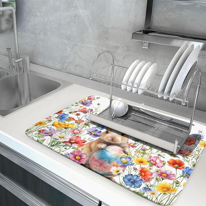 Spring Easter Rabbit Egg Dish Drying Mat for Kitchen Counter,Colorful Flowers Butterfly Drying Mat 18 x 24 Inch with High Absorbent Microfiber Drainer Mat for Coffee Bar