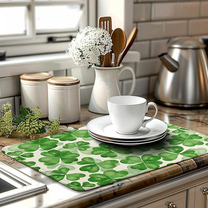 St Patrick's Day Green Clover Drying Mat for Kitchen Counter Watercolor Shamrock St Patricks Day Dish Drying Mats Spring Lucky Clovers Absorbent Reversible Dish Drainer Rack Mat Dish Pad 18x24 Inch