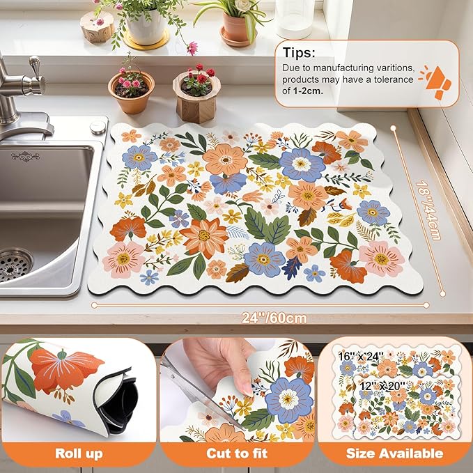 LOKHOM Scalloped Floral Dish Drying Mat, 18"x24" Super Absorbent Coffee Mat with Unique Spring Wildflowers, Cuttable Hide Stain Non-slip Drying Mat for Kitchen Counter Coffee Maker Espresso Machine