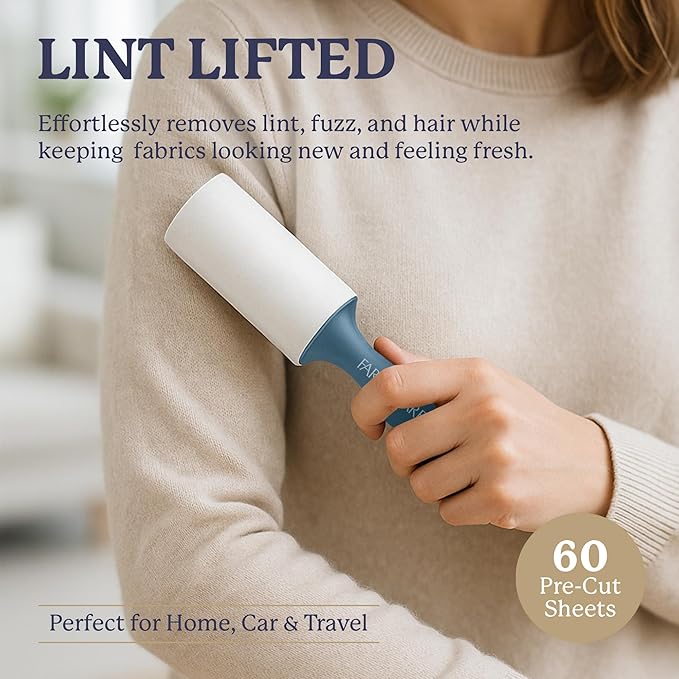 Farberware Fabric Shaver & Lint Remover Set–Battery Operated Sweater Shaver with Triple Blades and Extra Sticky Roller for Pet Hair, Fuzz & Pilling on Clothes, Upholstery & Bedding (Gray/Blue, Large)